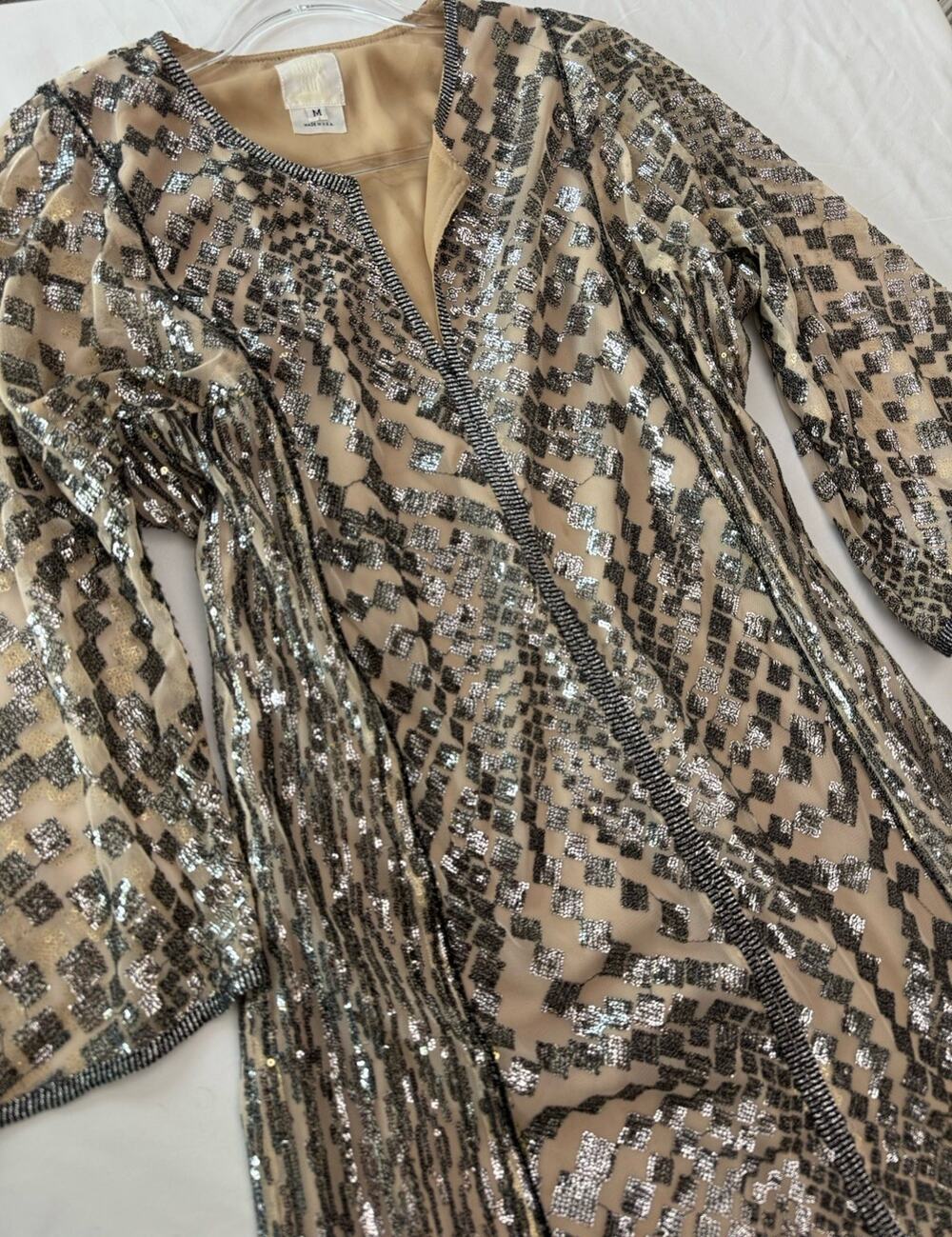 Anna Sui Cyrene Dress Nude Maxi Silver Gunmetal Sequin Ethereal Statement Medium